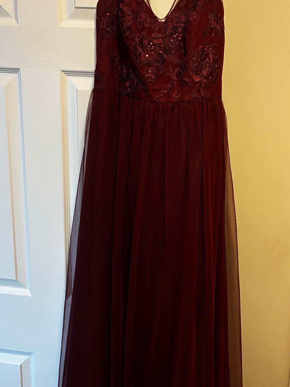 David's Bridal Burgundy Lace & Tulle Maxi Gown